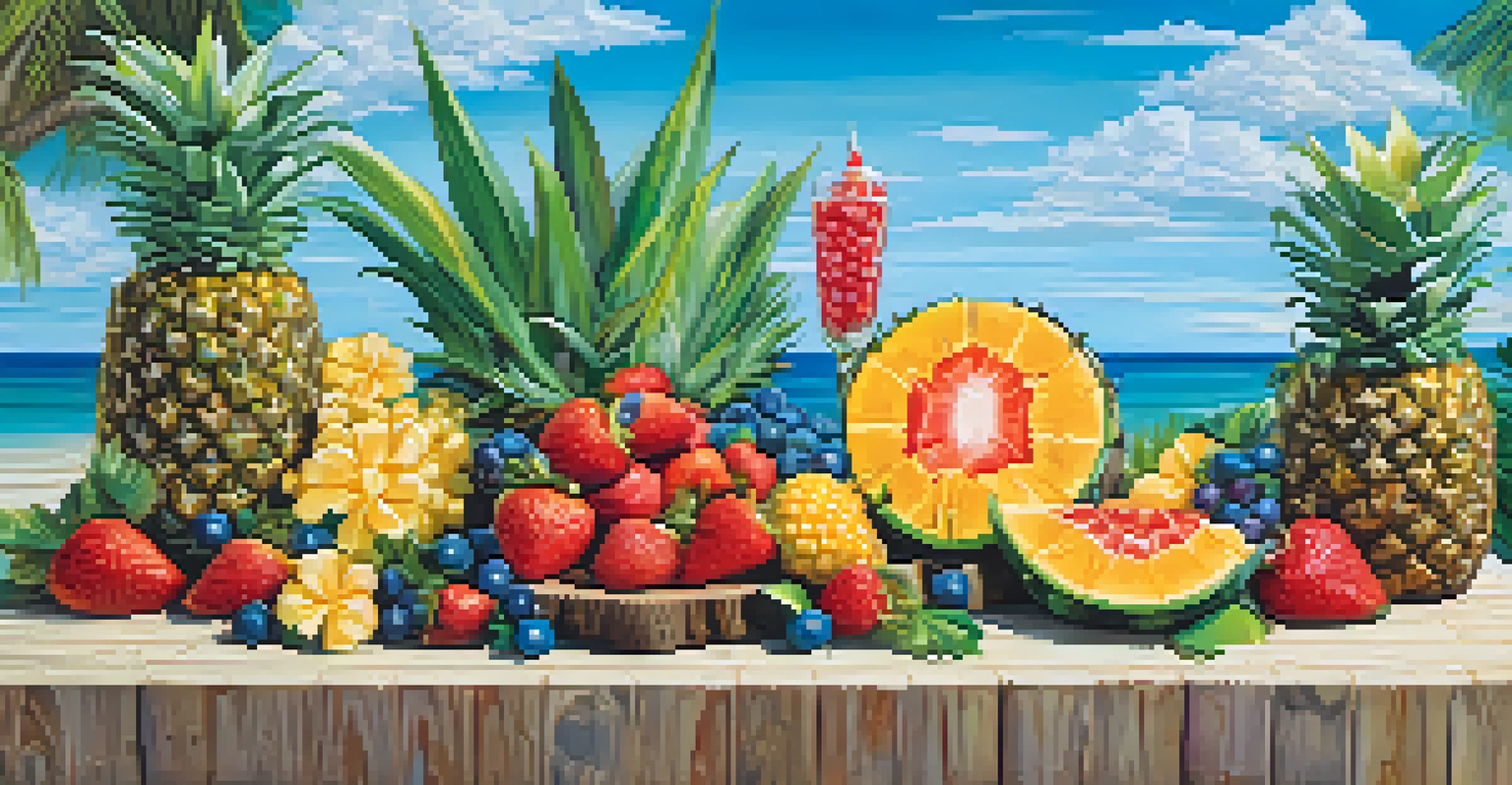 A tropical-themed outdoor barbecue table with carved pineapples and colorful fruit skewers, set against a bright blue sky.