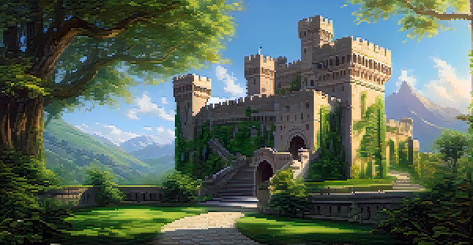 A grand castle with detailed stone carvings, surrounded by greenery and a winding path leading to its entrance.