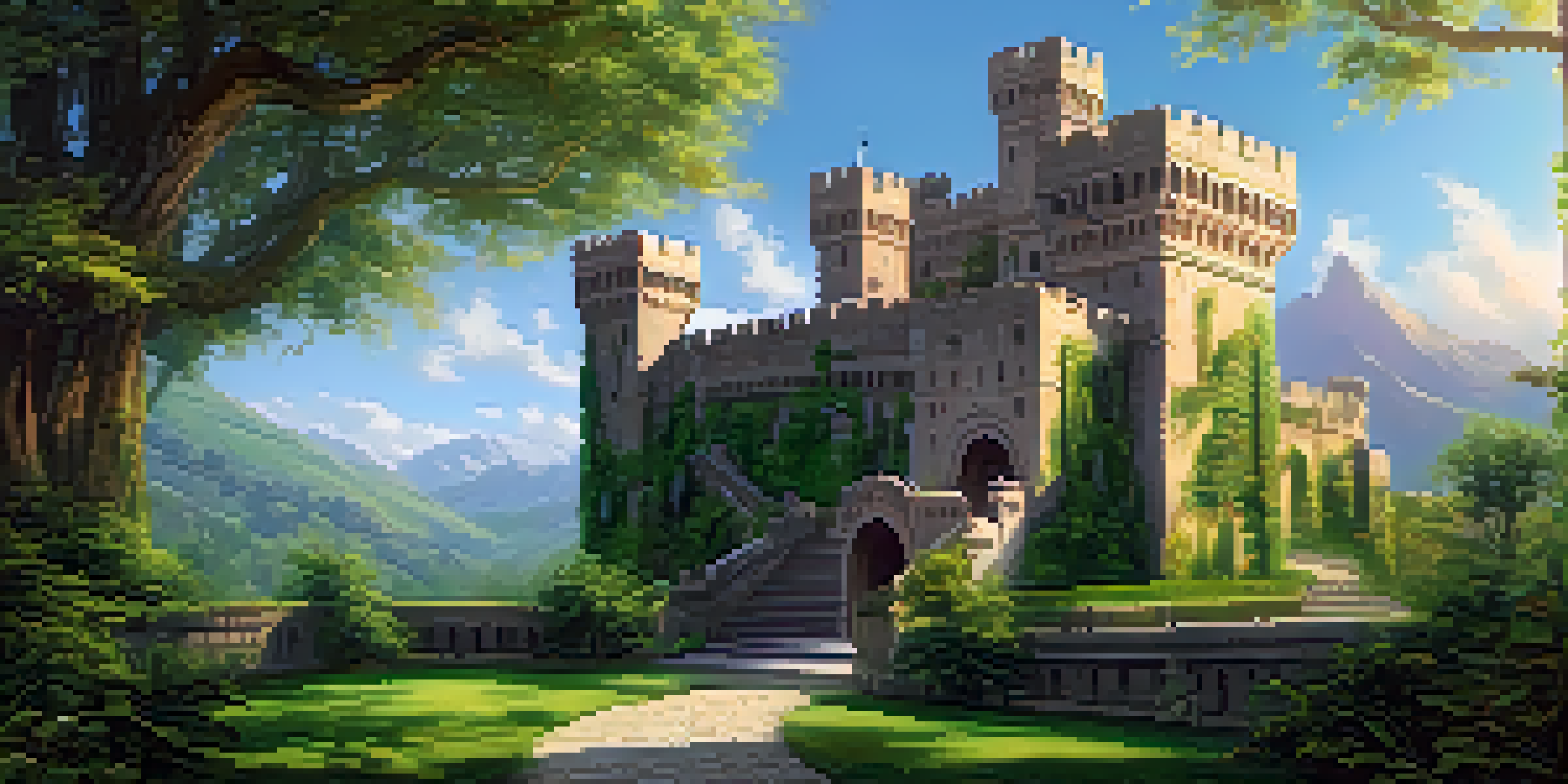 A grand castle with detailed stone carvings, surrounded by greenery and a winding path leading to its entrance.