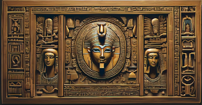 Close-up of an ancient Egyptian carved jewelry piece made from wood with detailed symbols and hieroglyphs.