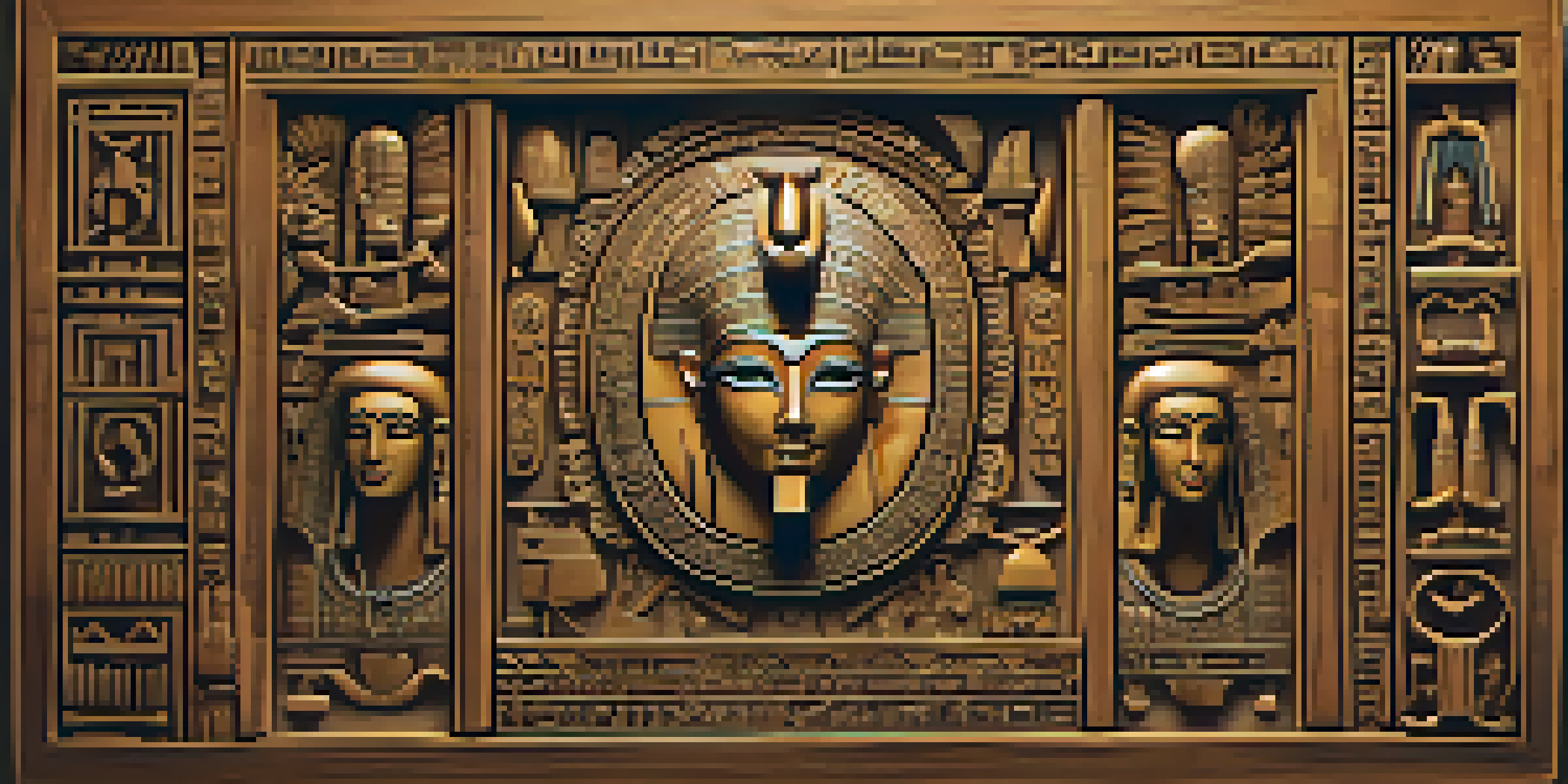 Close-up of an ancient Egyptian carved jewelry piece made from wood with detailed symbols and hieroglyphs.