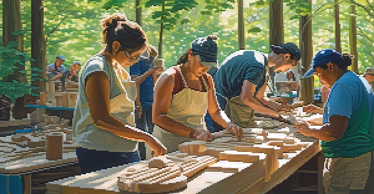 A group of people in an outdoor workshop, carving wooden sculptures in a sunny, green environment.