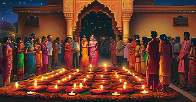 A family celebrating Diwali with colorful fireworks and traditional clay lamps in India.
