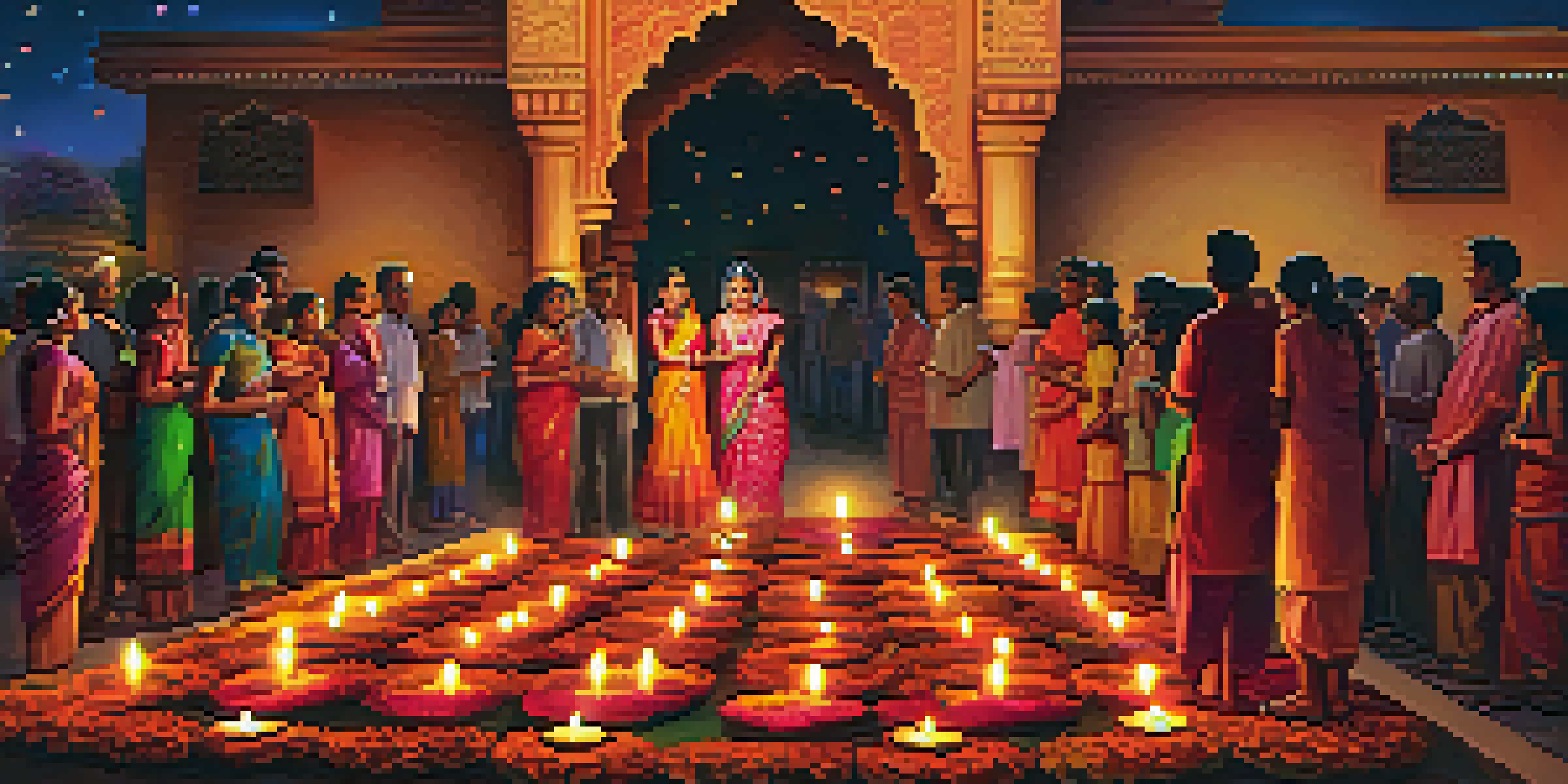 A family celebrating Diwali with colorful fireworks and traditional clay lamps in India.