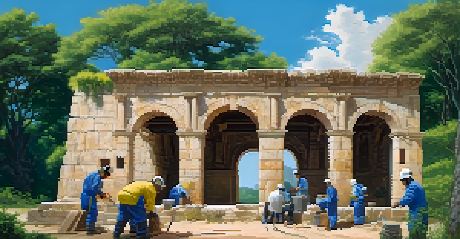A team of restorers collaborating on an ancient stone structure at a historical restoration site, surrounded by greenery.