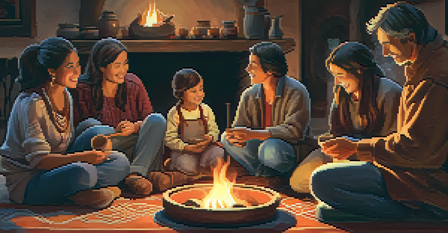 A family gathered around a fire, with grandparents sharing stories and demonstrating pottery techniques in a warm setting.