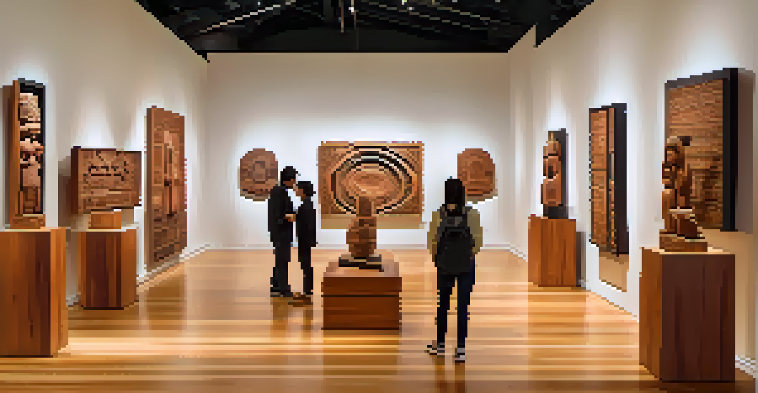 An art exhibition featuring diverse indigenous cultural carvings displayed on pedestals, with visitors admiring the artwork in a warmly lit gallery.