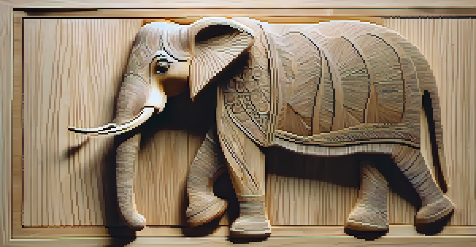 A stylized elephant carving with a minimalist design, highlighting its trunk and tusks, illuminated to showcase its texture.