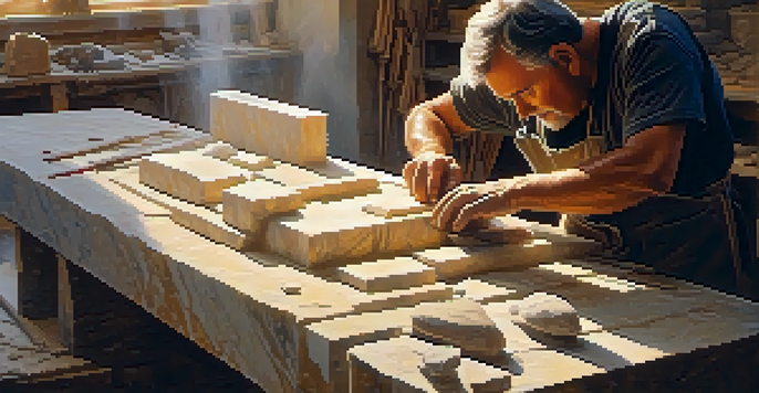 A stone carver working on a marble block in a warmly lit workshop, showcasing chisels and hammers around them.