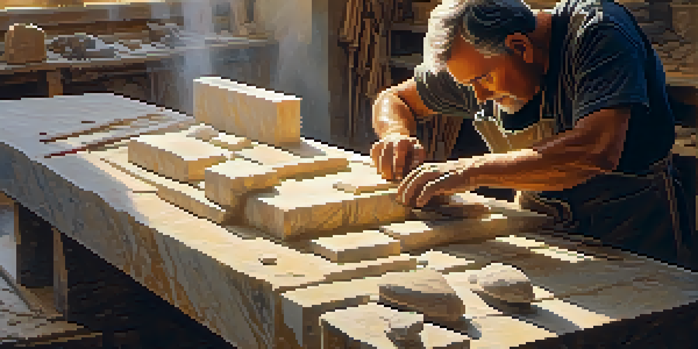 A stone carver working on a marble block in a warmly lit workshop, showcasing chisels and hammers around them.