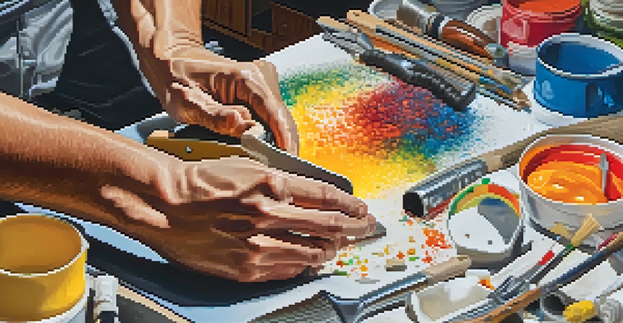 An artist's hands carving foam with various unconventional tools, surrounded by colorful paint and shavings, illuminated by soft natural light.