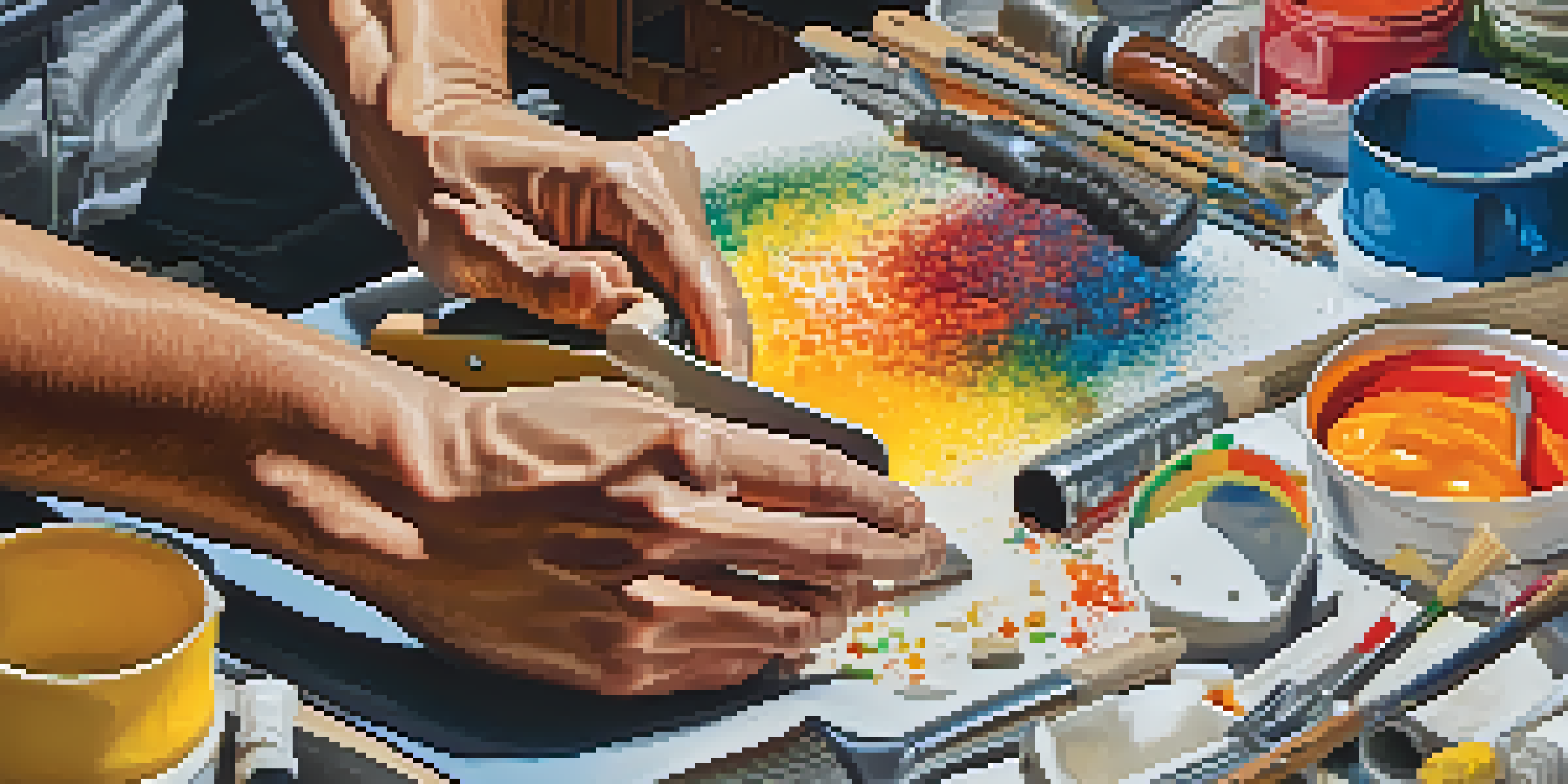An artist's hands carving foam with various unconventional tools, surrounded by colorful paint and shavings, illuminated by soft natural light.