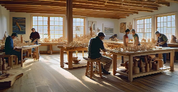 A diverse group of people in a bright workshop, engaged in carving wooden sculptures, with tools and wood shavings around them.