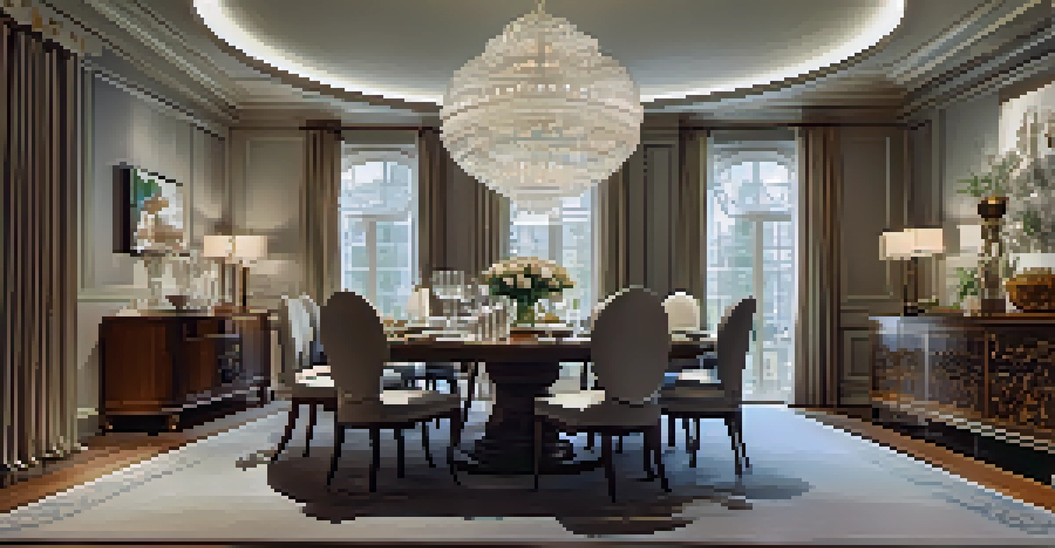 A stylish dining room with a large wooden table, surrounded by chairs, and a pendant light illuminating the table setting.