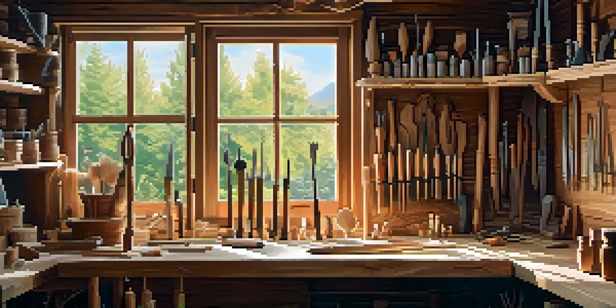 A bright workshop with a wooden workbench, carving tools, and a partially carved wooden wall hanging.