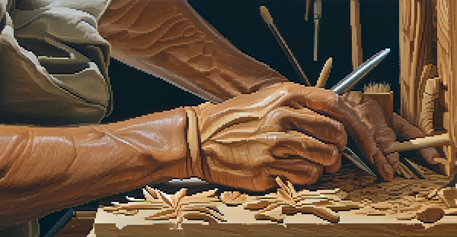 Close-up of a wood carver's hands meticulously carving a wooden sculpture, with wood shavings and tools visible.