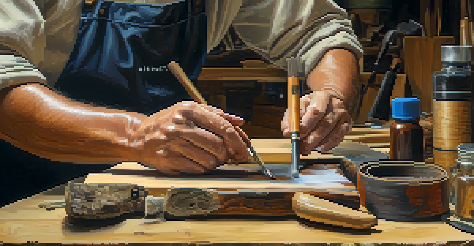 A close-up of a restorer selecting materials for an artifact restoration project on a workbench.