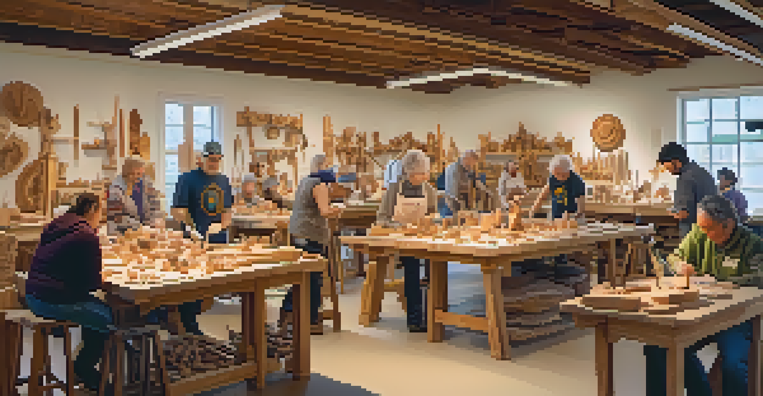 A lively community carving workshop with participants of all ages sharing tips and working on their projects.