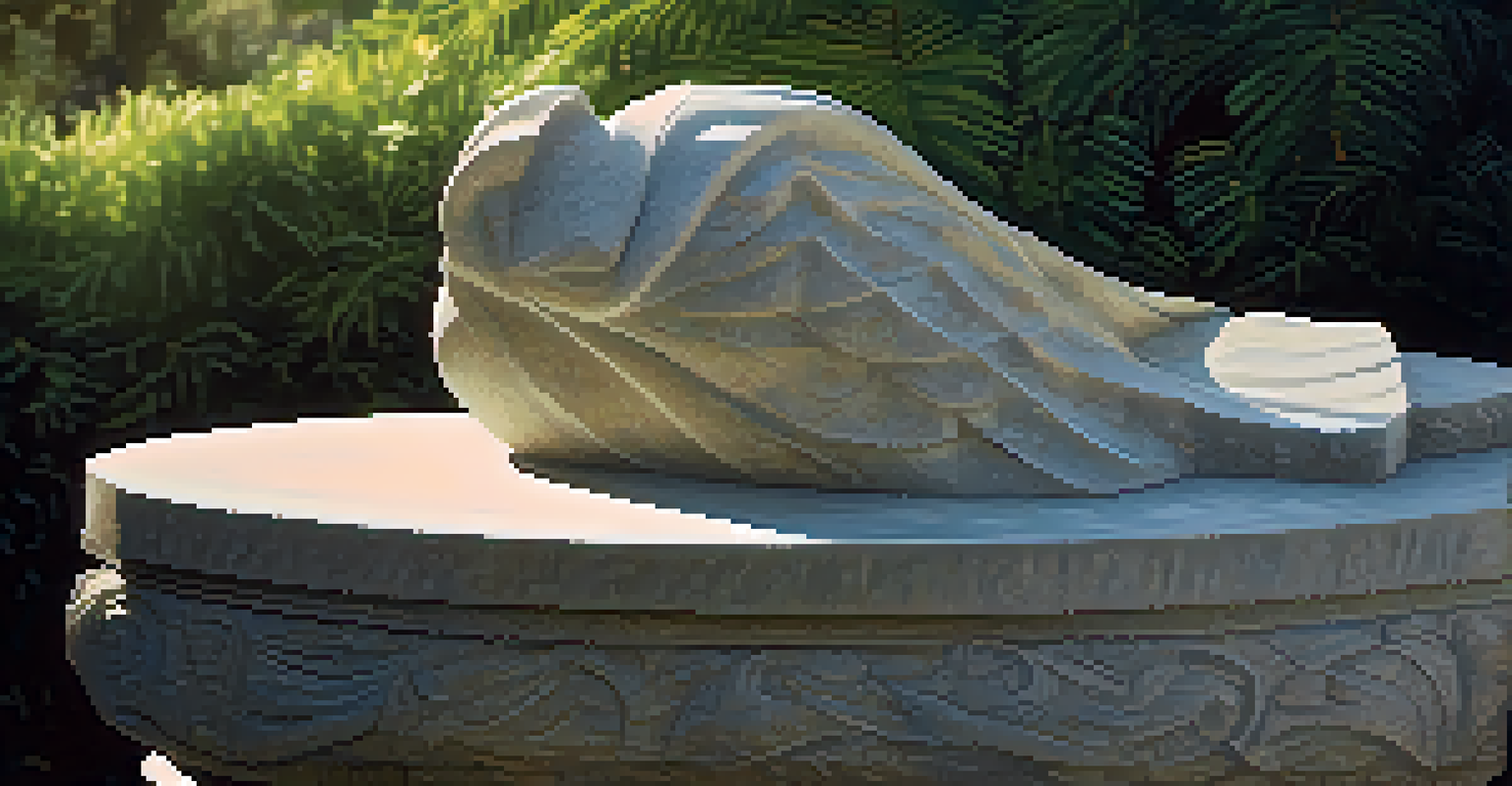 A detailed close-up of a carved stone sculpture against a blurred green background, illuminated by sunlight.