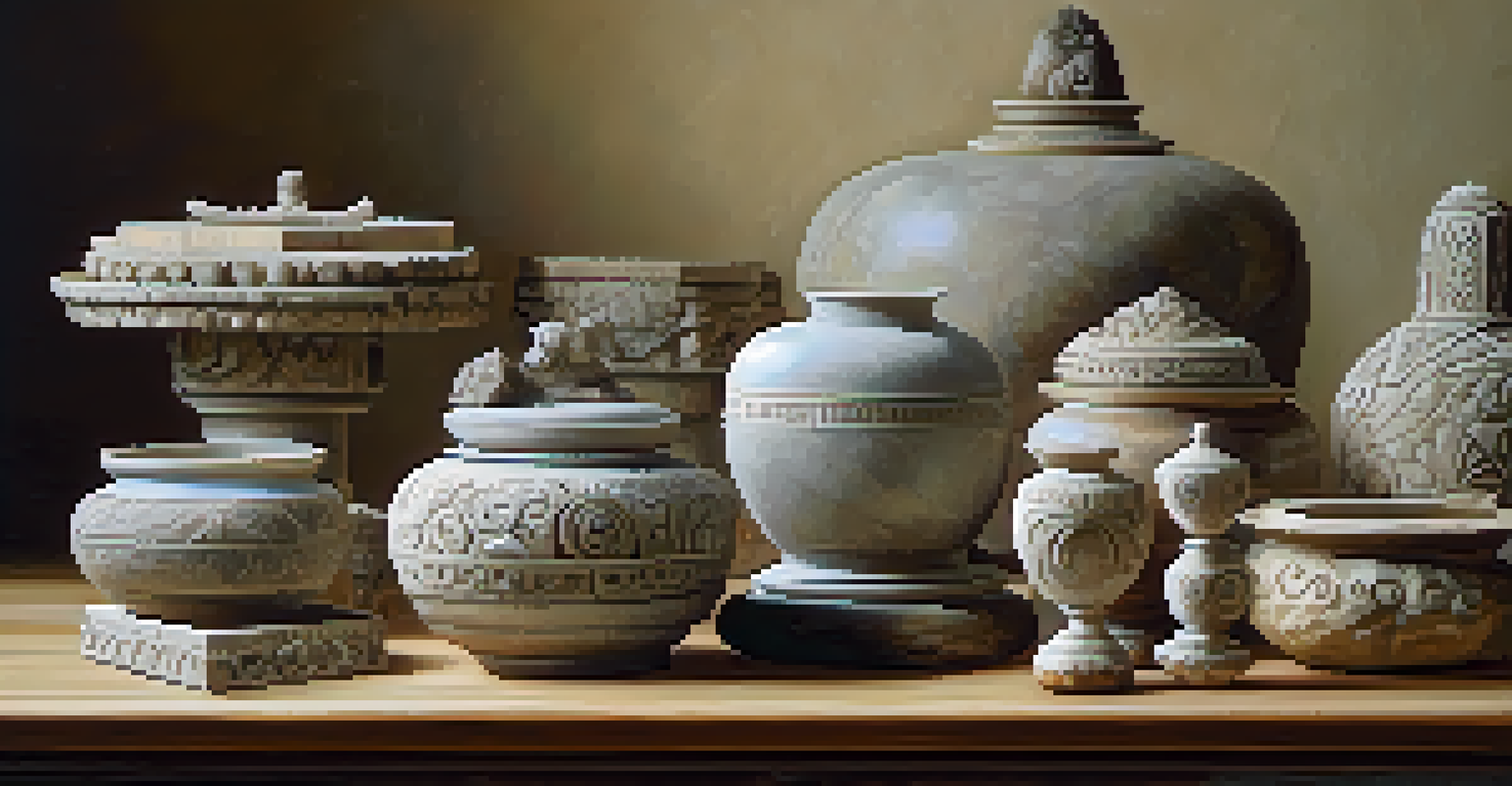 An array of intricately carved stone items displayed on a wooden table.