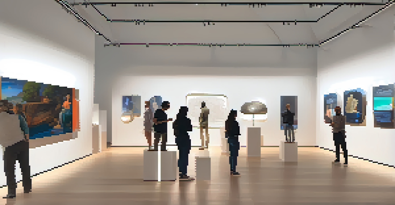 A virtual exhibition space with various illuminated sculptures and visitors exploring the artworks.