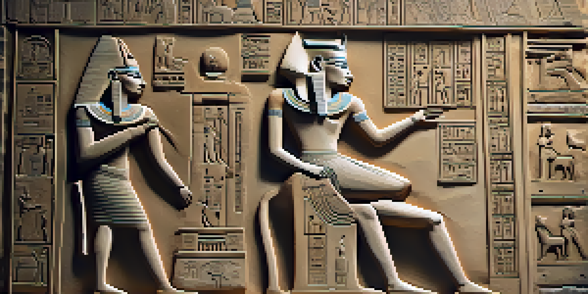A close-up view of an ancient Egyptian stone carving of a pharaoh, showing intricate details and symbols, with soft warm lighting.