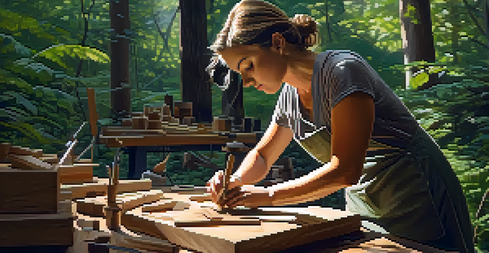A female artist working on a wooden sculpture in a forest workshop, with tools and wood shavings around her, illuminated by sunlight filtering through the trees.