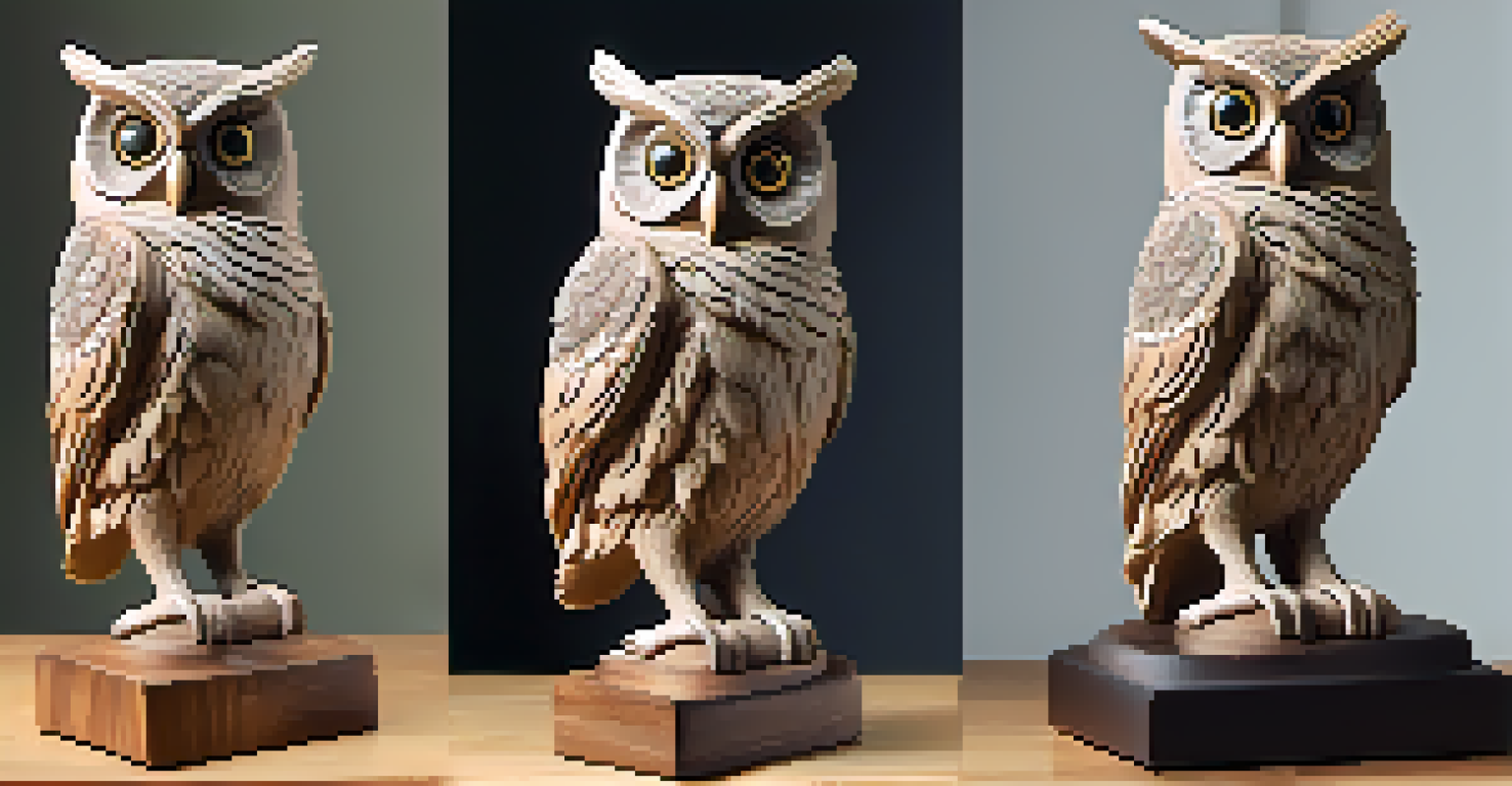 A detailed clay sculpture of an owl on a branch, illuminated softly on a wooden pedestal.