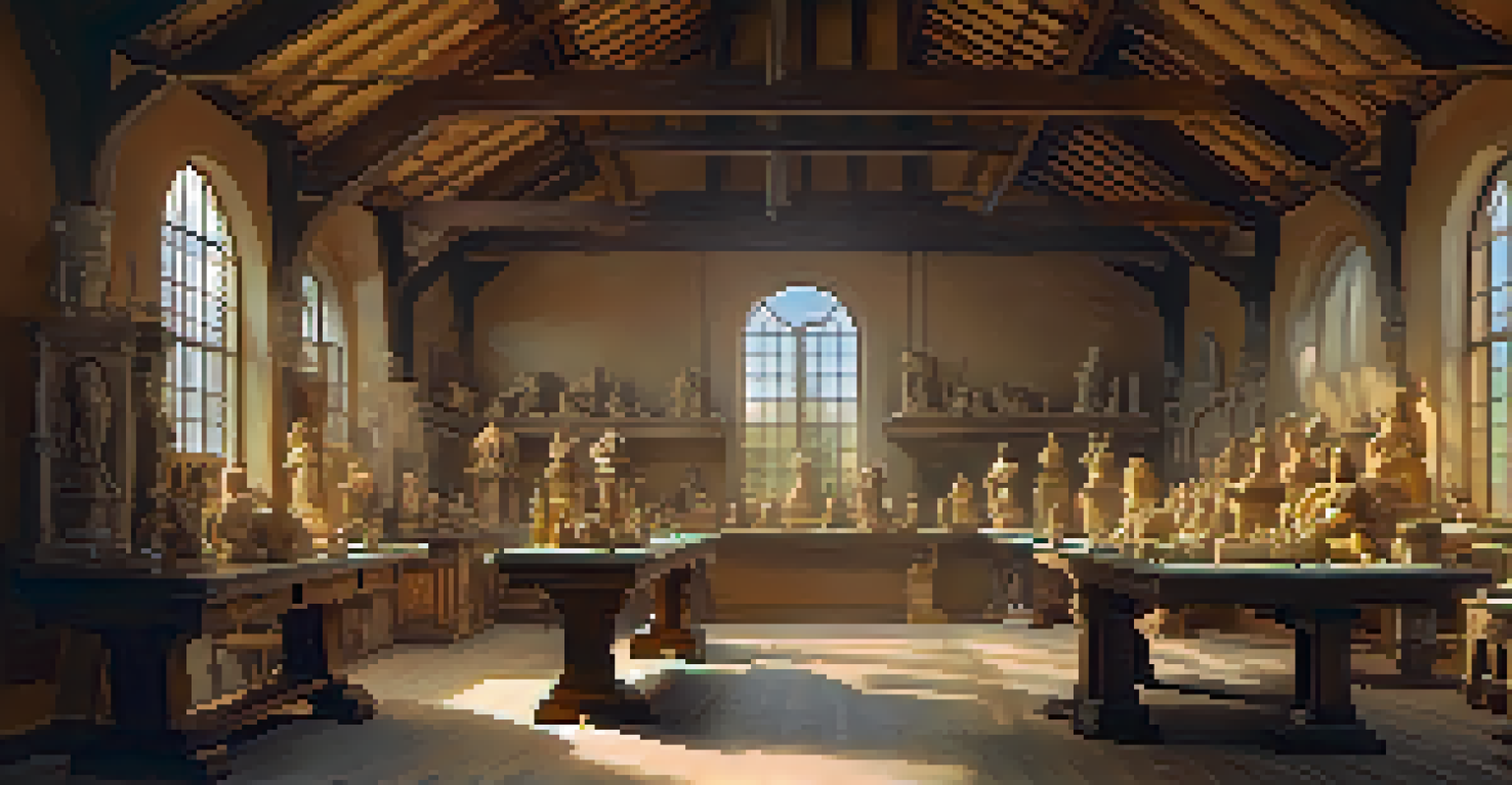 A bright workshop filled with unfinished sculptures and warm sunlight coming through a window.