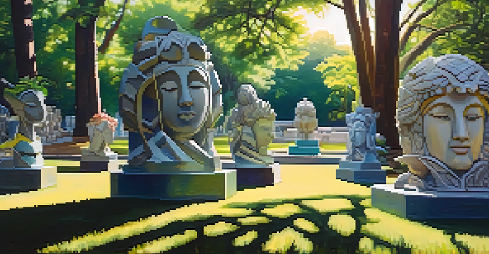 An outdoor sculpture park with diverse sculptures made from recycled materials, surrounded by greenery and soft sunlight filtering through trees.