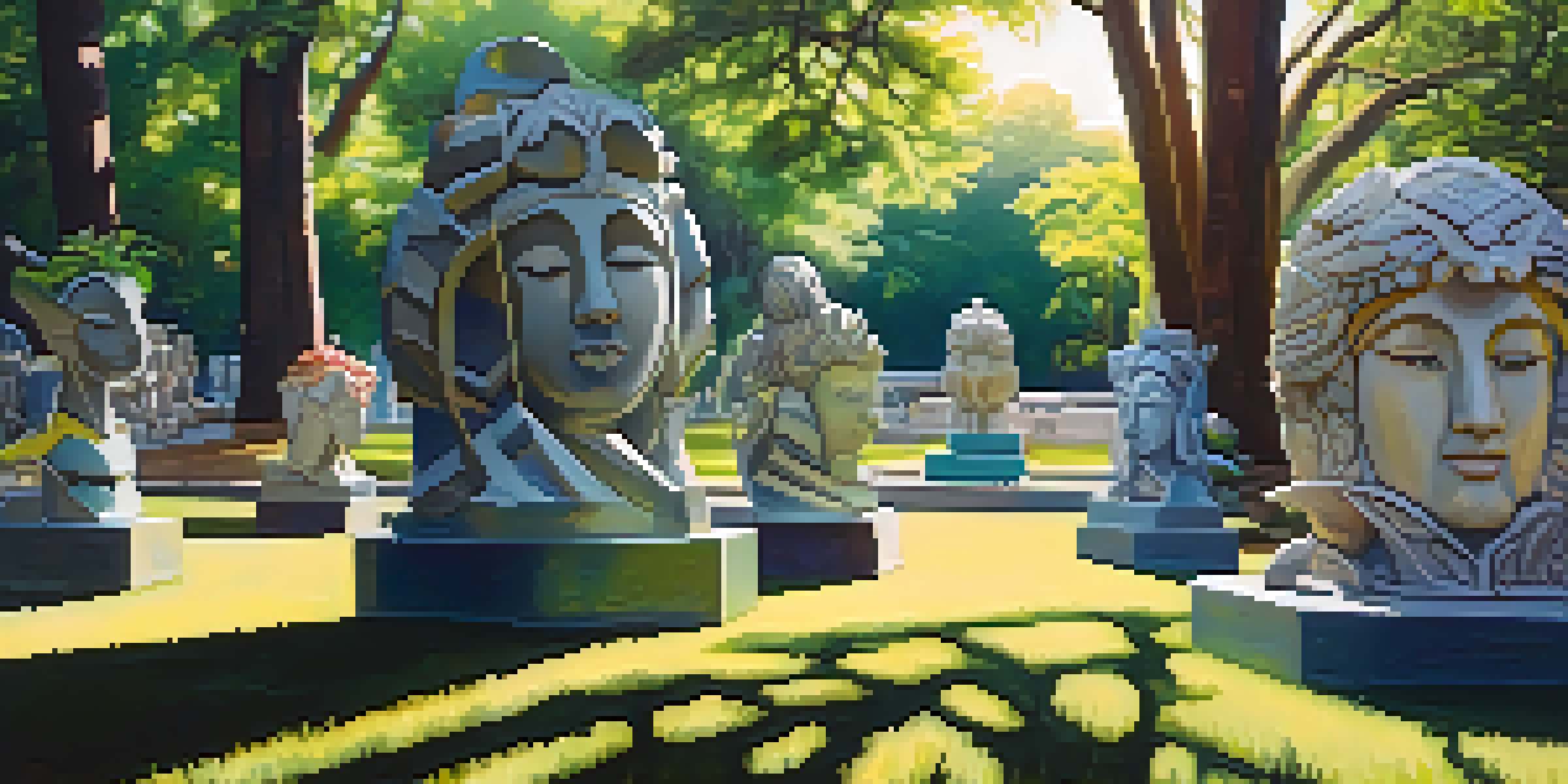 An outdoor sculpture park with diverse sculptures made from recycled materials, surrounded by greenery and soft sunlight filtering through trees.