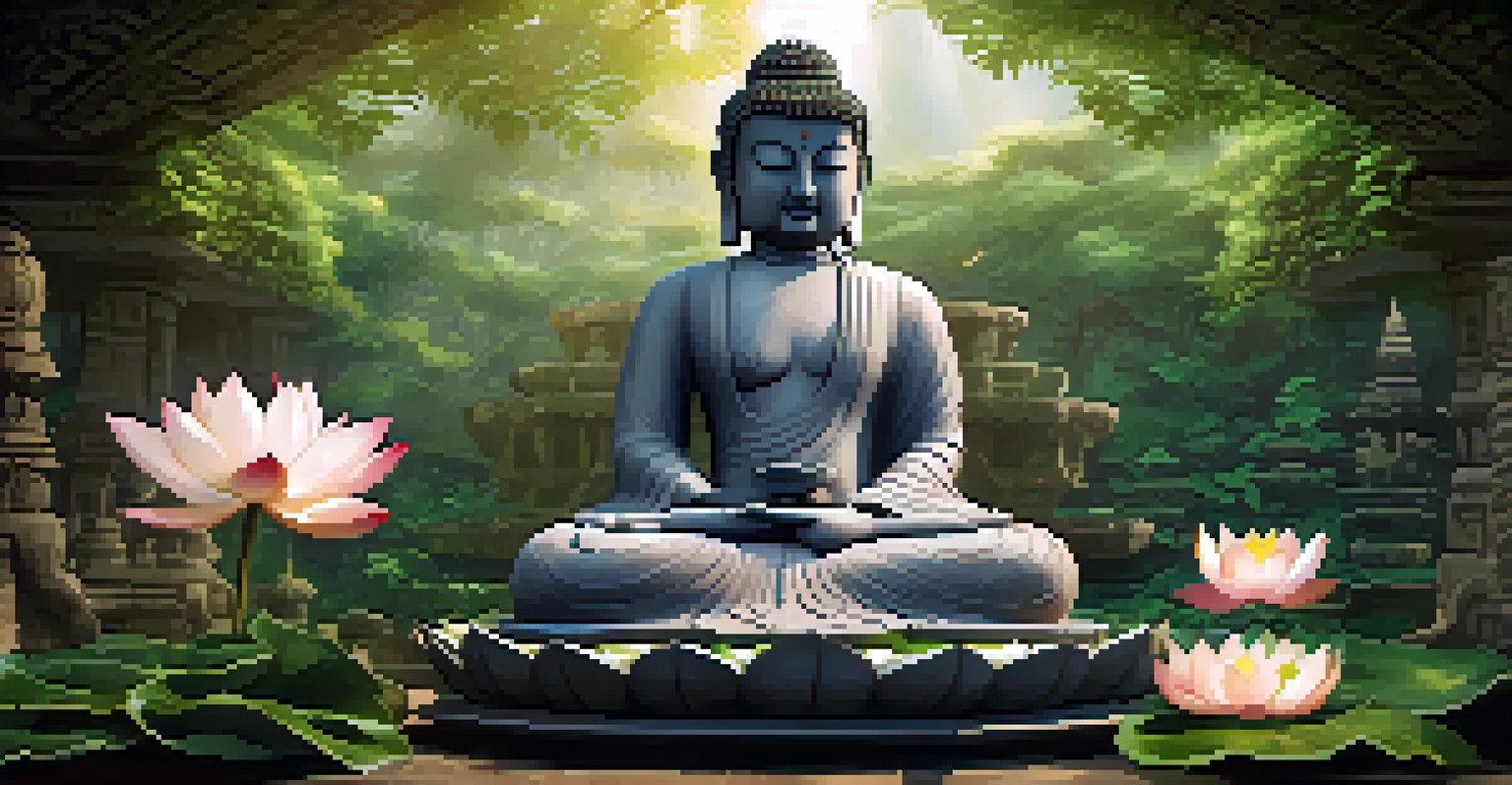 A stone Buddha sculpture surrounded by intricate carvings of lotus flowers and mythical creatures in a lush green setting.