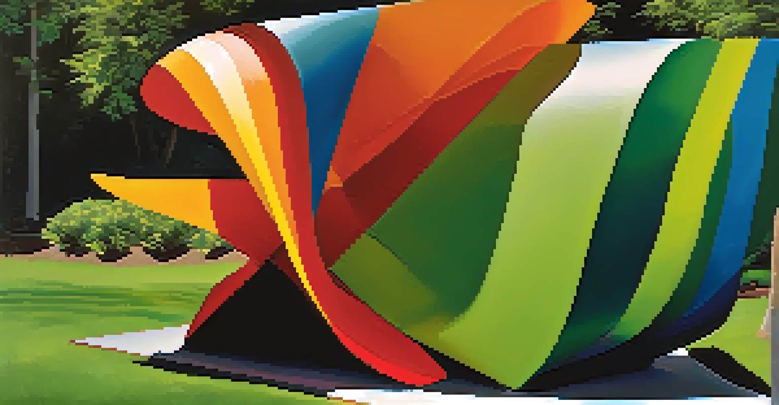 A large outdoor wooden sculpture painted in bright colors, surrounded by a green garden, with sunlight creating shadows.