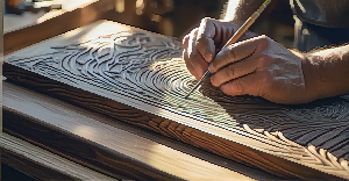 An artisan carving detailed patterns into reclaimed wood with sunlight streaming through a window, illuminating the workshop.