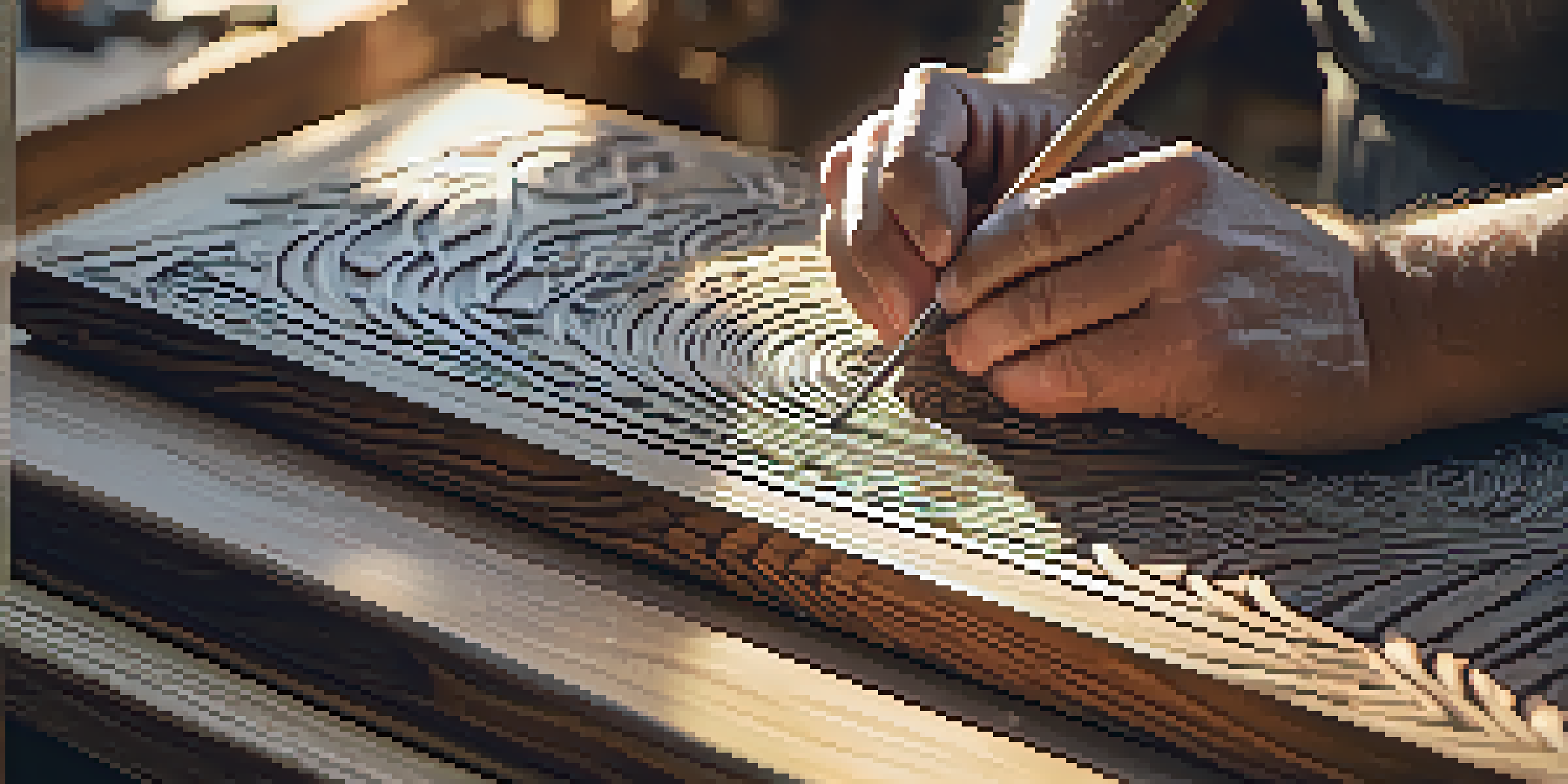 An artisan carving detailed patterns into reclaimed wood with sunlight streaming through a window, illuminating the workshop.