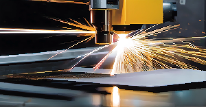 A laser cutting machine is cutting through metal with a bright beam of light, surrounded by flying sparks.