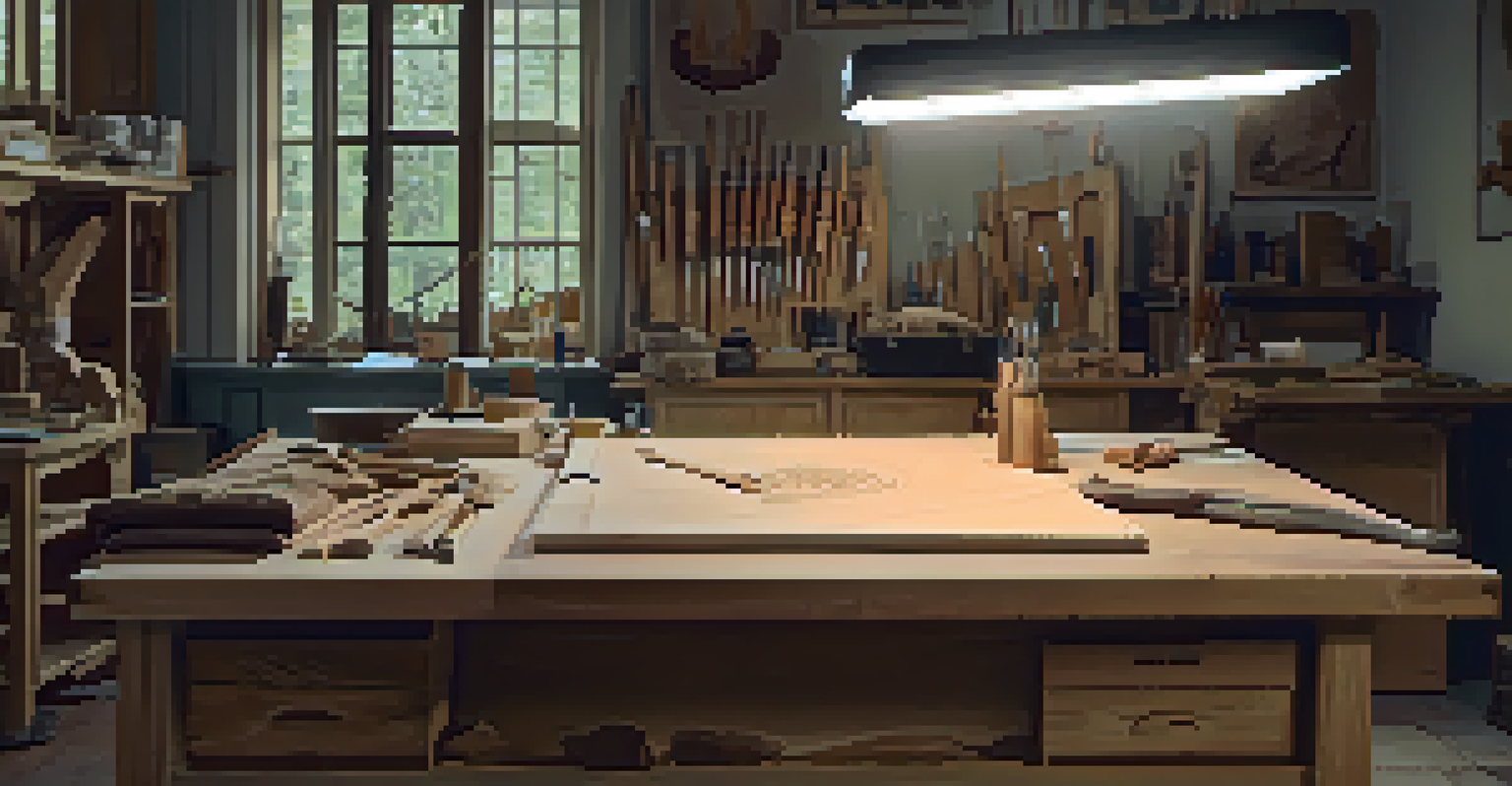 A serene carving workspace with a clean table, personal protective equipment, and carving tools, illuminated by soft overhead light.