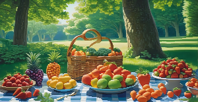 A colorful picnic setup with intricately carved fruits and vegetables, showcasing flower-shaped strawberries and bunny-shaped baby carrots in a sunny park.
