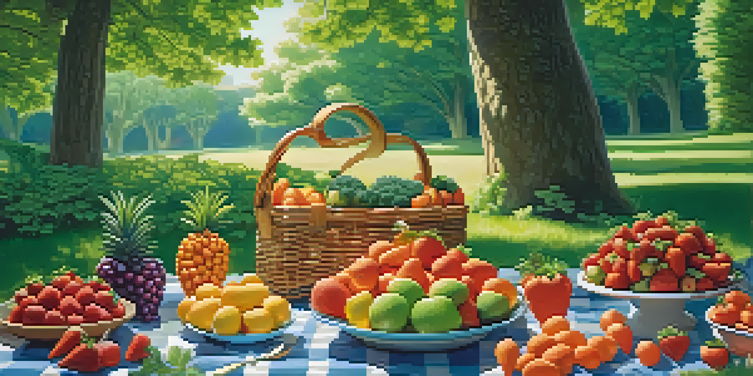 A colorful picnic setup with intricately carved fruits and vegetables, showcasing flower-shaped strawberries and bunny-shaped baby carrots in a sunny park.