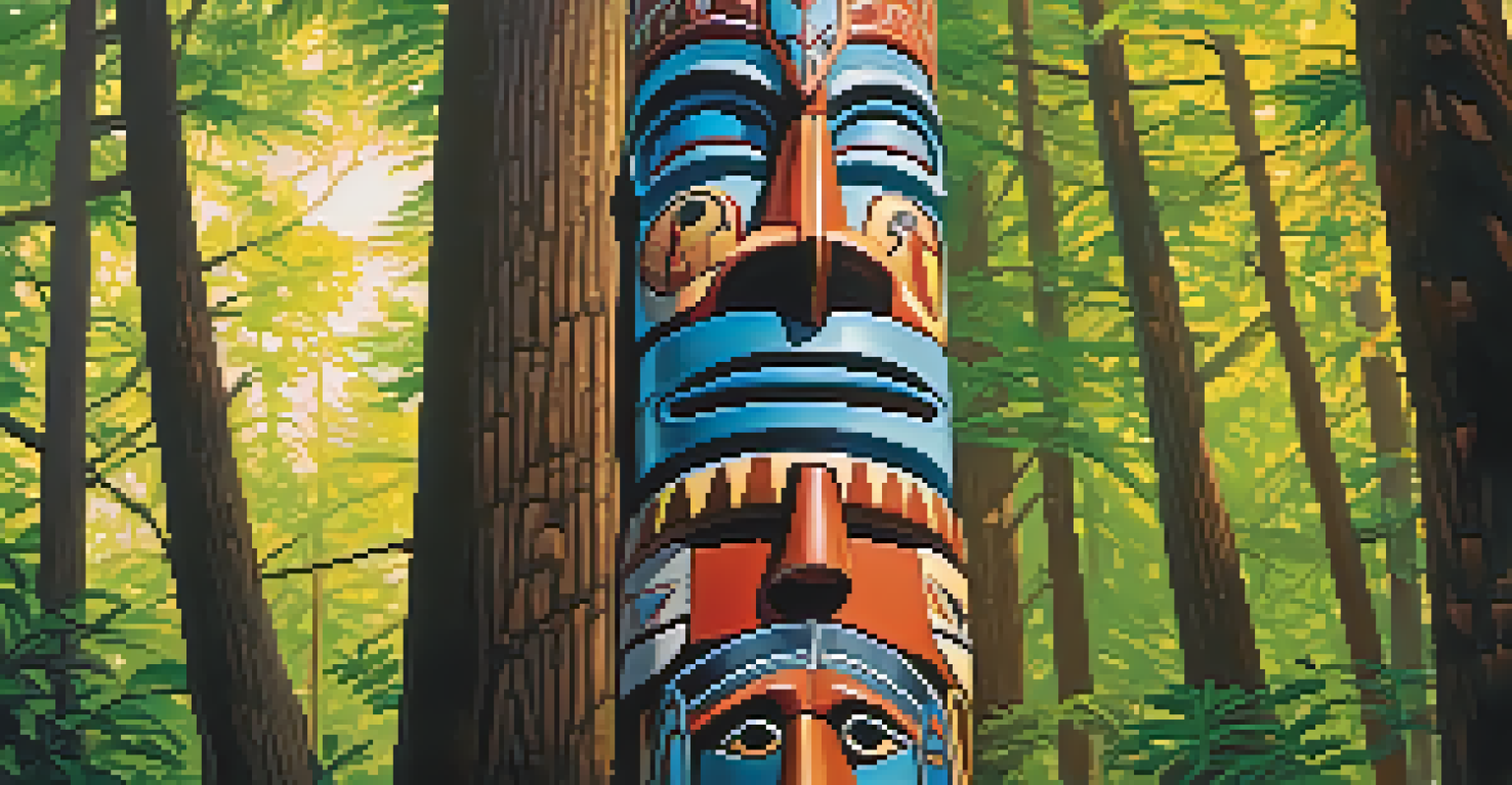 A colorful Native American totem pole with detailed carvings, surrounded by a forest, illuminated by sunlight.