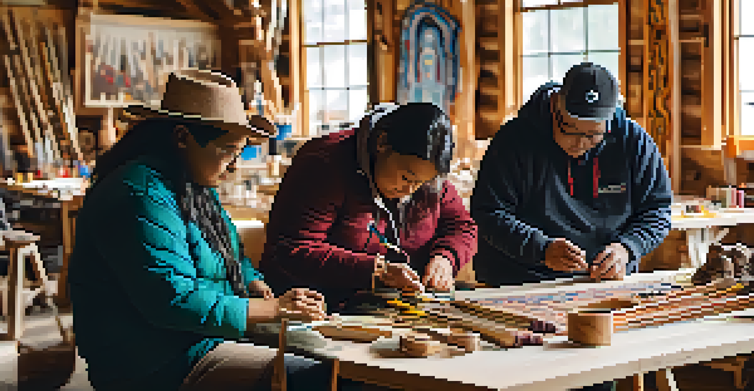 A community workshop with Indigenous artists collaborating on carving projects, surrounded by colorful materials and tools.