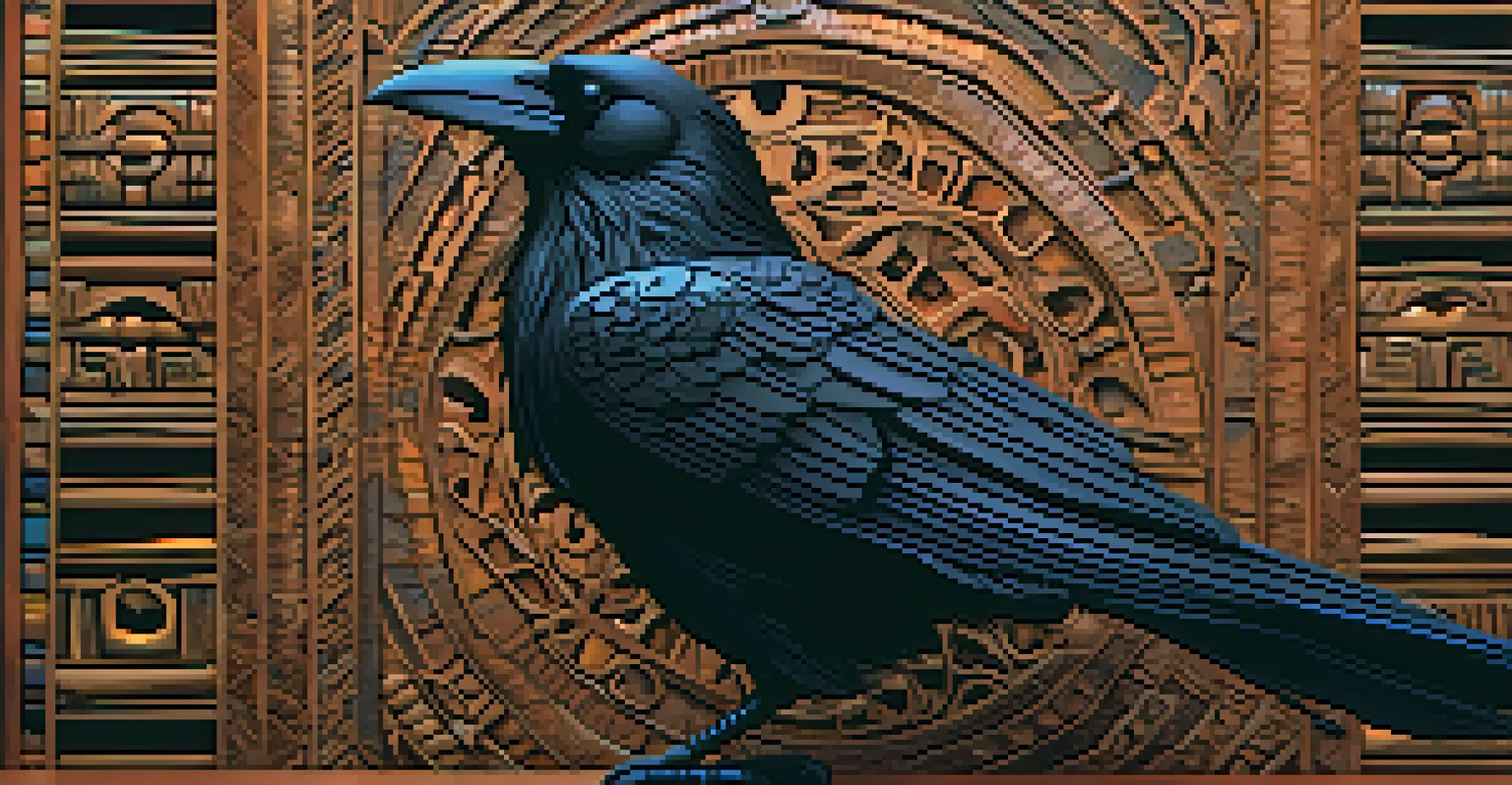 An Indigenous carving of a raven symbolizing a creation story, displayed on a textured wooden base with vibrant colors and soft lighting.