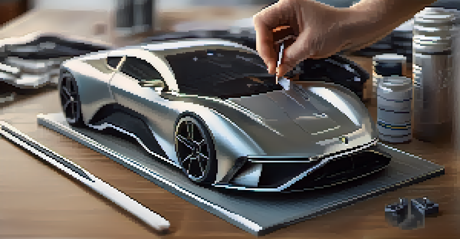 Close-up of a car prototype on a table, with a designer's hand adjusting a component, showcasing detailed textures.