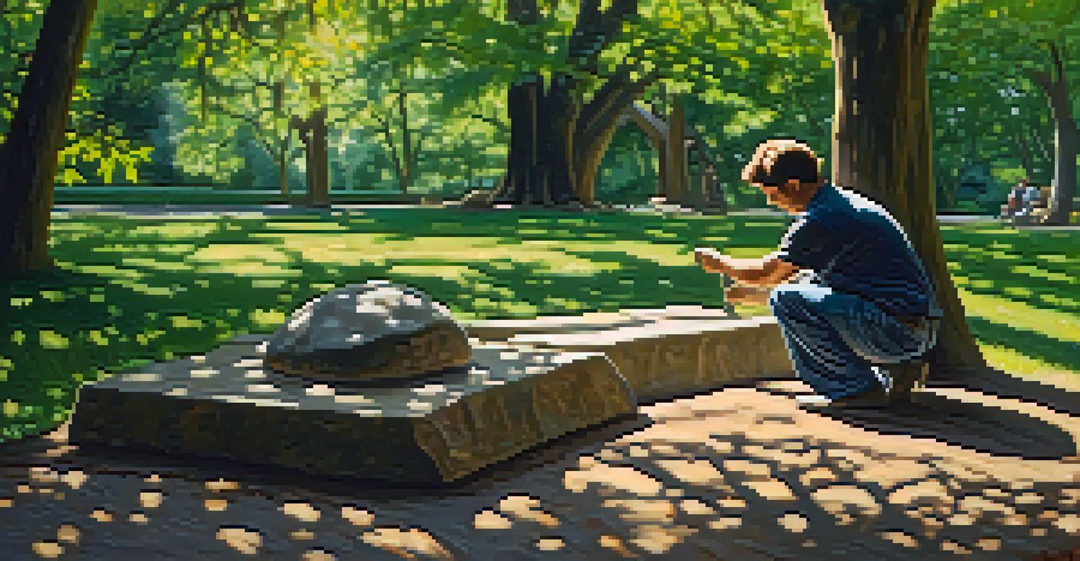 An artist carving a stone sculpture in a peaceful park, with sunlight filtering through trees and green surroundings.