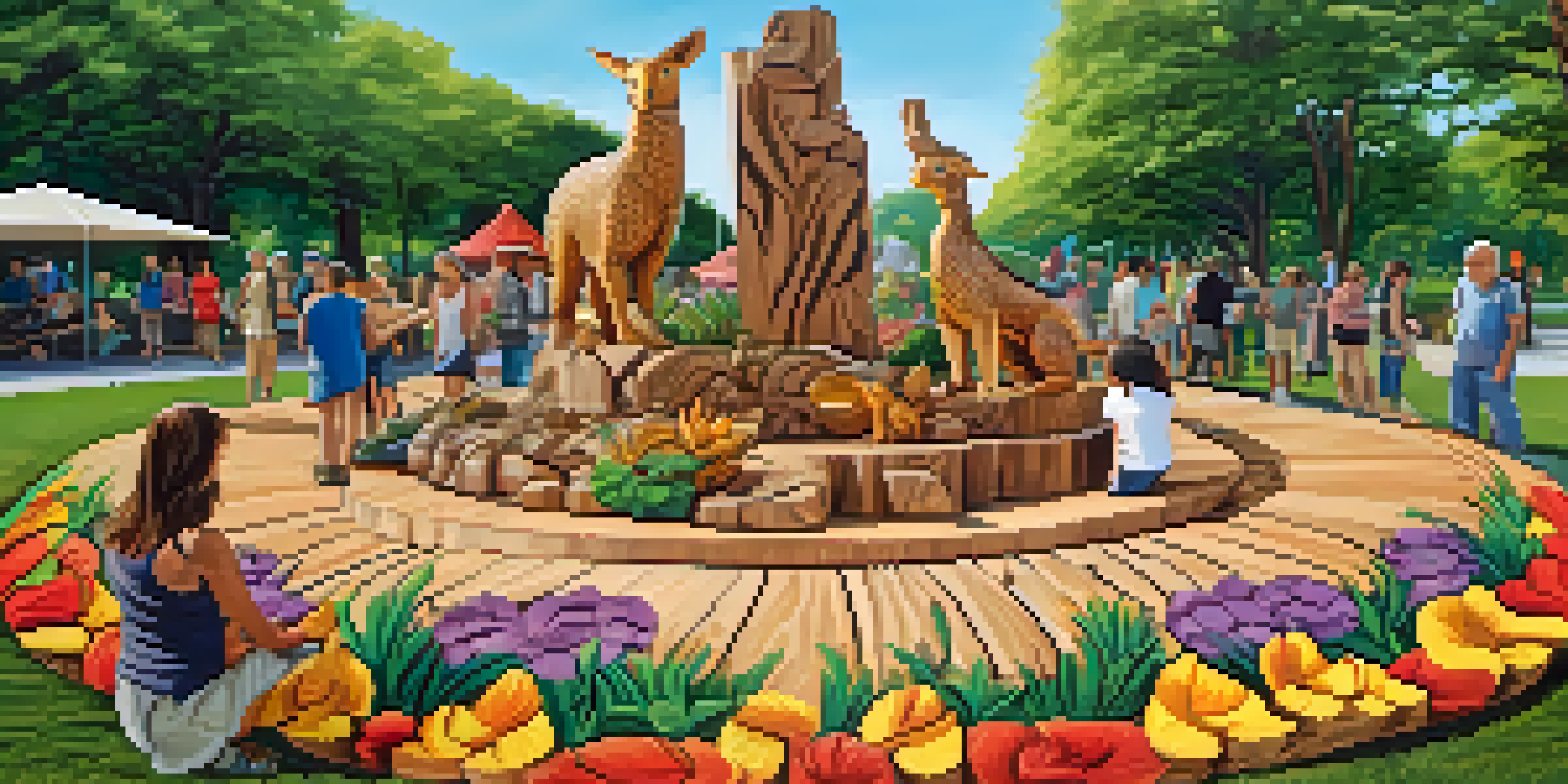 A lively park scene showing community members of various ages creating wooden sculptures, surrounded by greenery and flowers.