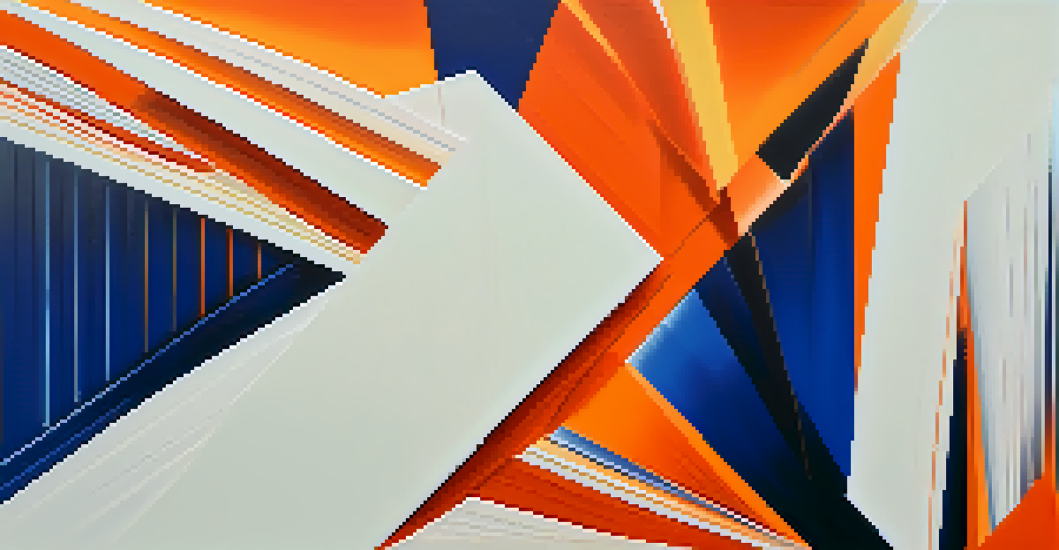An abstract composition of bold, angular lines in a gradient of blue and orange against a textured white background.