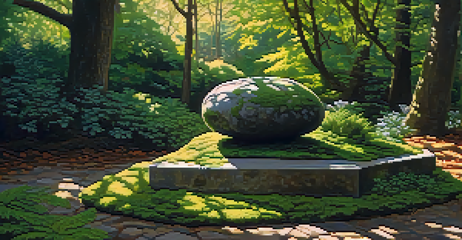 An outdoor stone sculpture surrounded by greenery, with moss and natural aging visible in the sunlight.