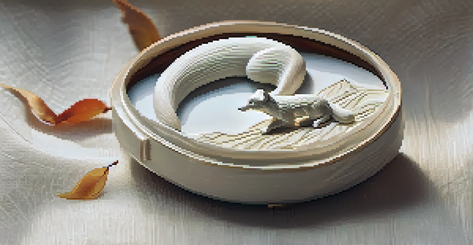 Traditional Japanese netsuke carving of a fox displayed on textured fabric.