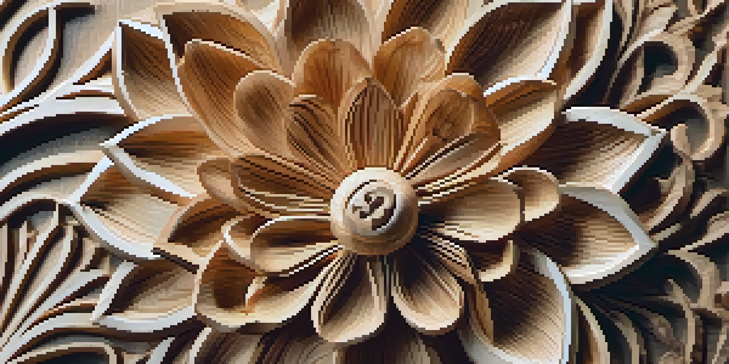 A detailed wooden flower carving with visible petals and leaves, highlighting the textures and shadows.