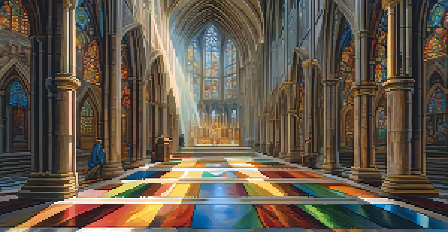 An ancient cathedral interior with stained glass windows and intricate wall carvings, illuminated by sunlight.